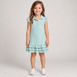 Lands’ End Girls Size 6 Aqua Pink Polka Dot Ruffle Polo Dress Cotton
